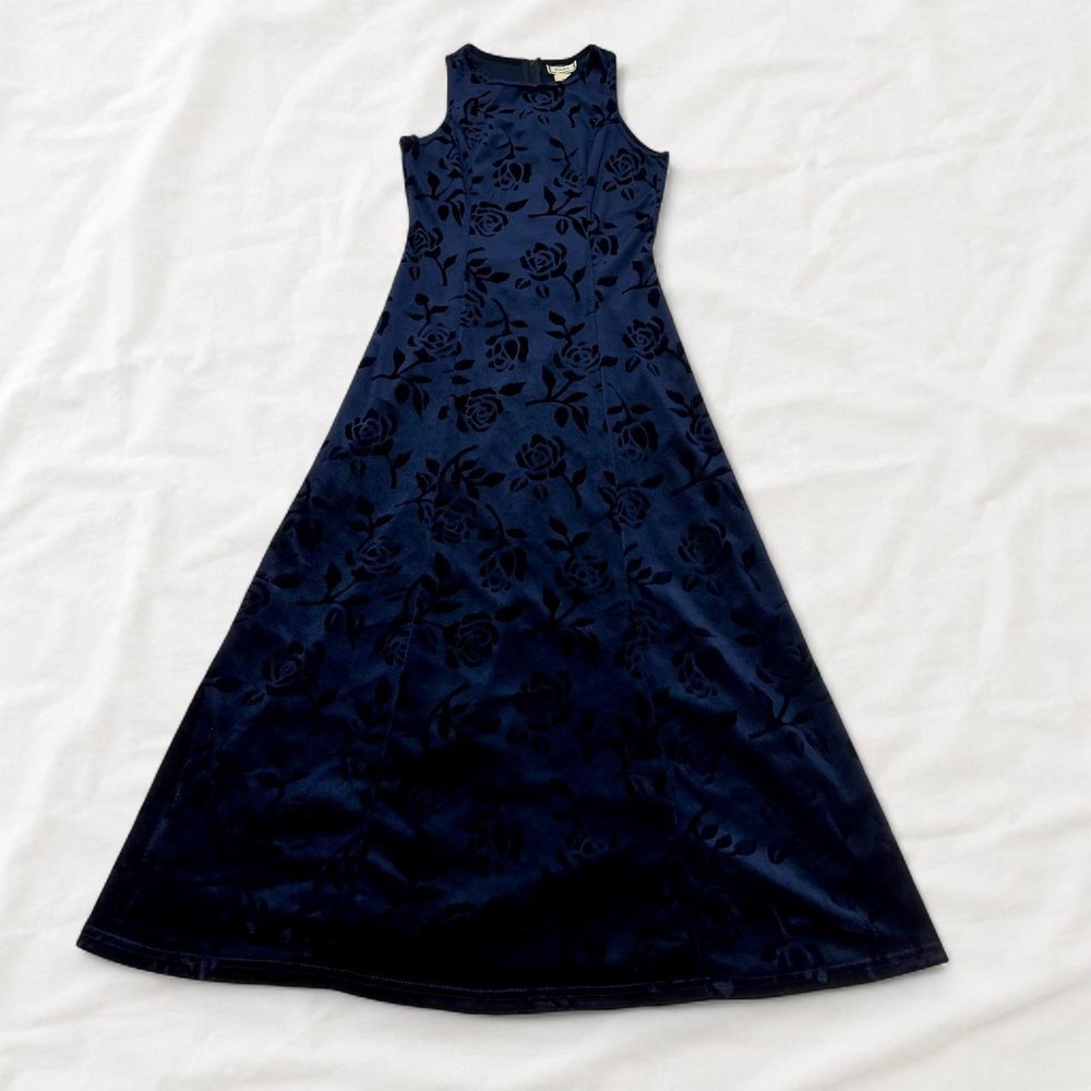 Joule Navy Blue Floral Velvet Maxi Dress Whimsigoth Prom Sleeveless 90s Style